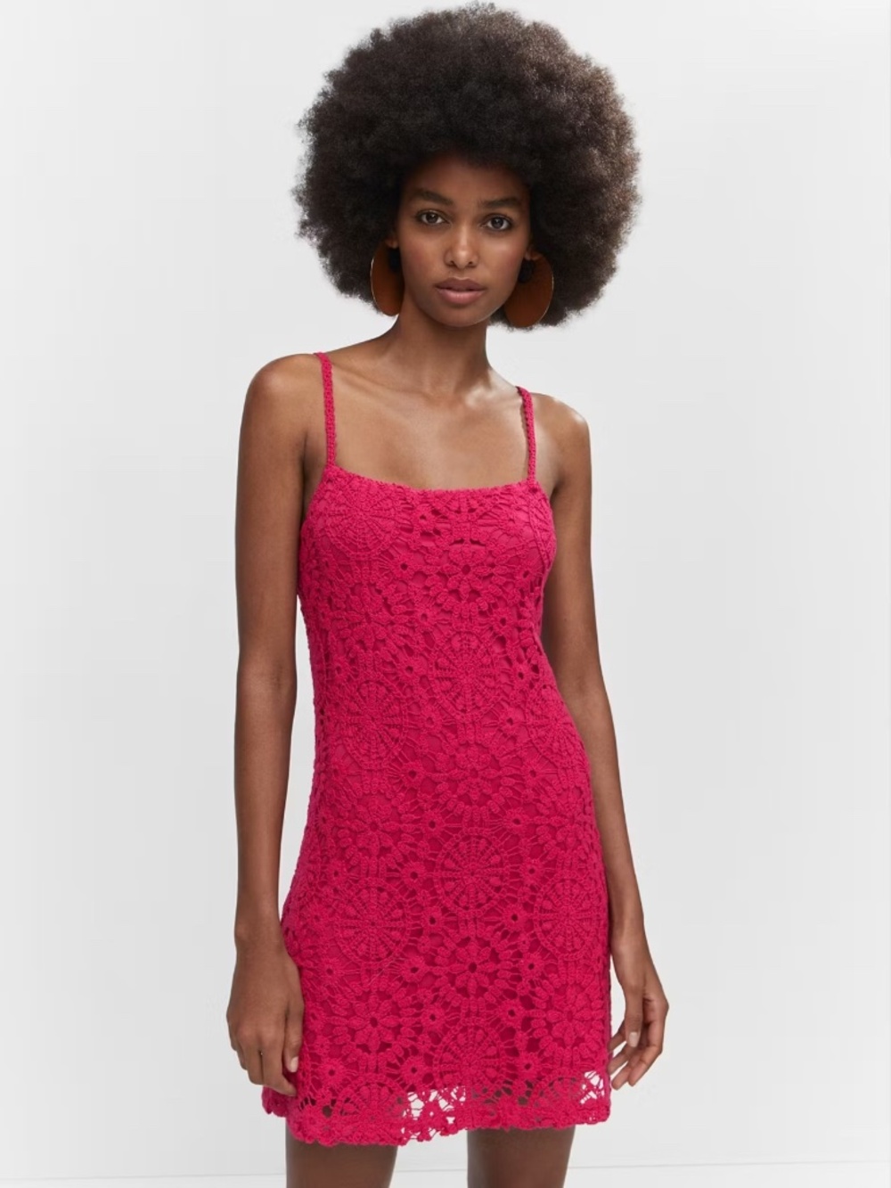 Mango Hot Pink Floral Crochet Mini Dress
